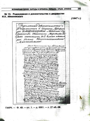 Родословная и доказательства о дворянстве И.К. Айвазовского