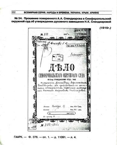Прошение  об утверждении духовного завещания Н.К.Спендиаровой. 1915г.