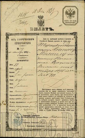 Билет на проезд  турецкоподданому Антону Михаилу  1876.10.30