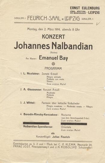 Программа концерта Ованеса Налбандяна в Лейпциге 1914г.