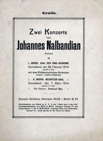 Программа Ованеса Налбандяна в Берлине 1914